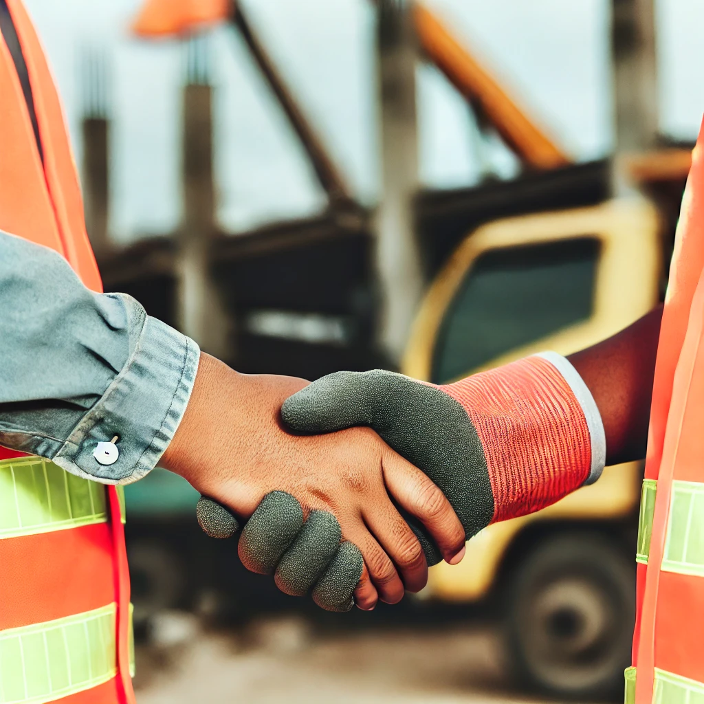 DALL·E 2024-08-05 11.28.59 - A close-up image of a handshake between two construction workers, symbolizing a partnership in a construction business. Both individuals are wearing w